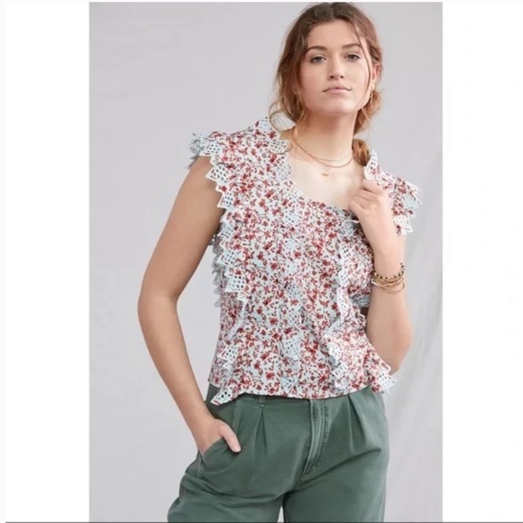 ANTHROPOLOGIE‎ BLUE TASSEL  COTTON TRINA BOW SLIGHTLY CROPPED BLOUSE SIZE XL - Picture 4 of 7